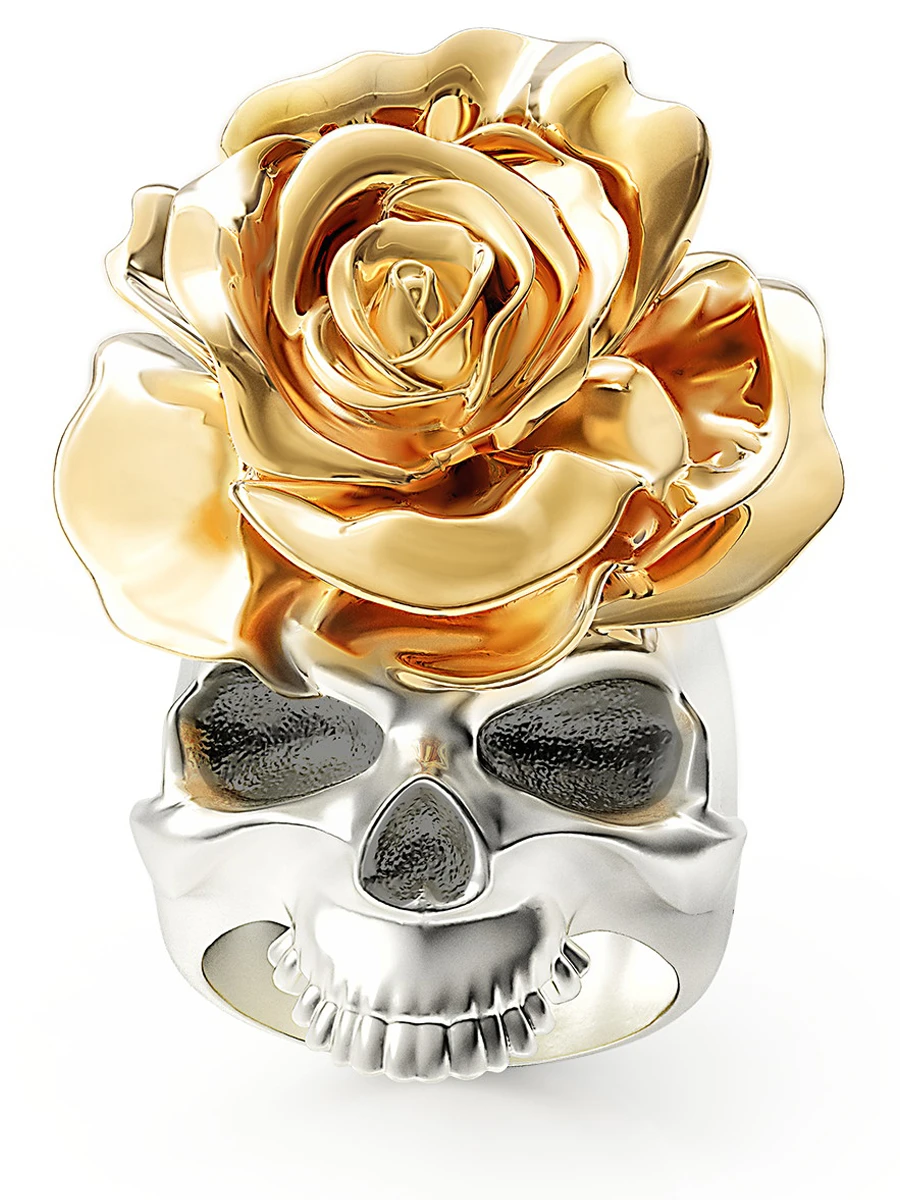 Кольцо "Череп с розой"  серебряное