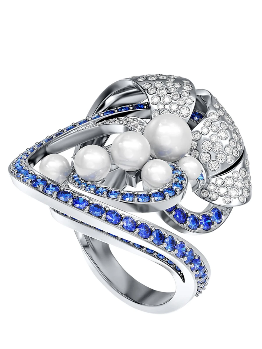 Кольцо Волны с жемчугом, сапфирами и бриллиантами из белого золота 750 пробы