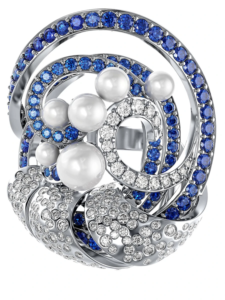 Кольцо Волны с жемчугом, сапфирами и бриллиантами из белого золота 750 пробы