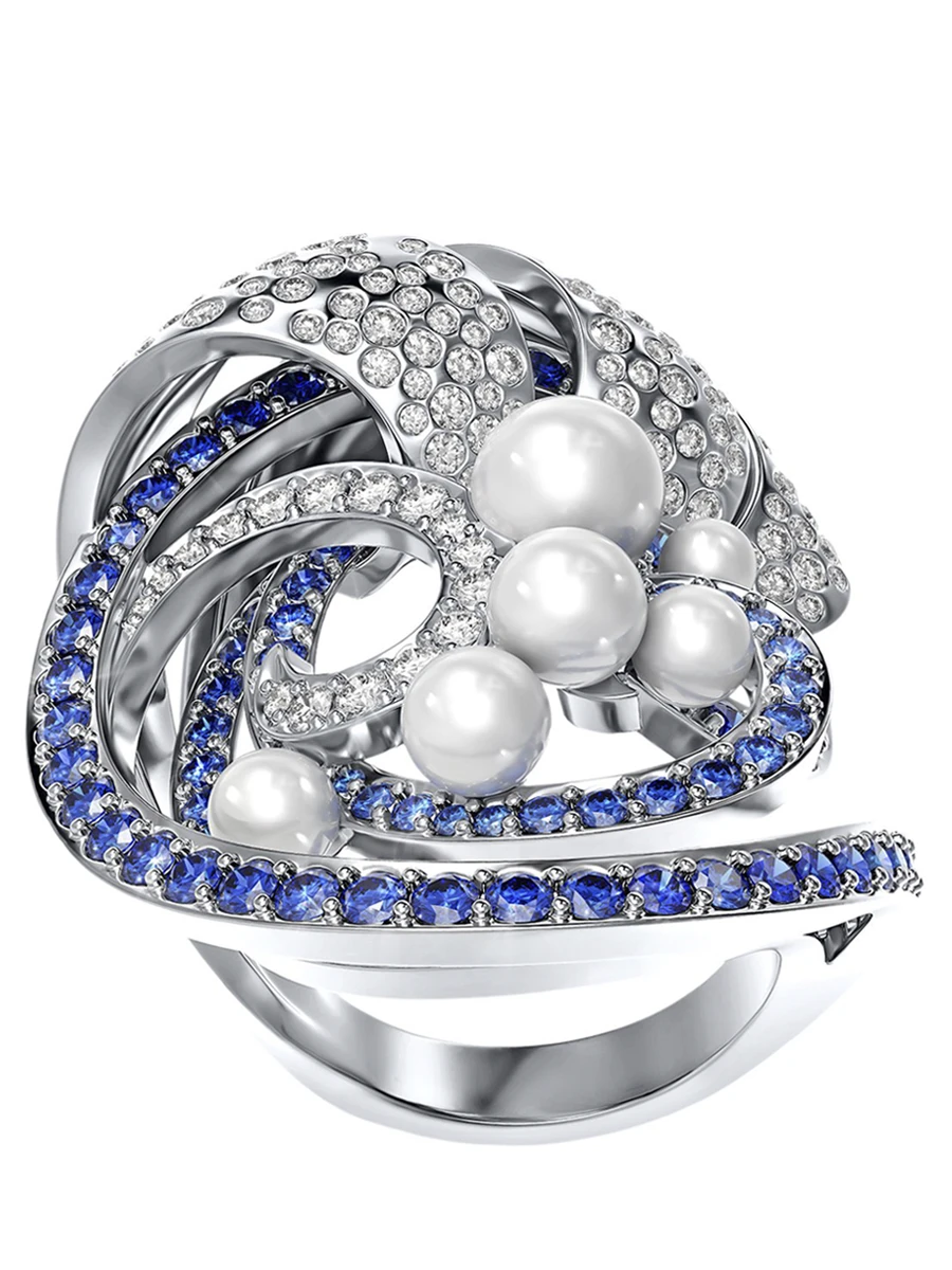 Кольцо Волны с жемчугом, сапфирами и бриллиантами из белого золота 750 пробы