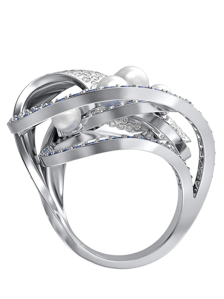 Кольцо Волны с жемчугом, сапфирами и бриллиантами из белого золота 750 пробы