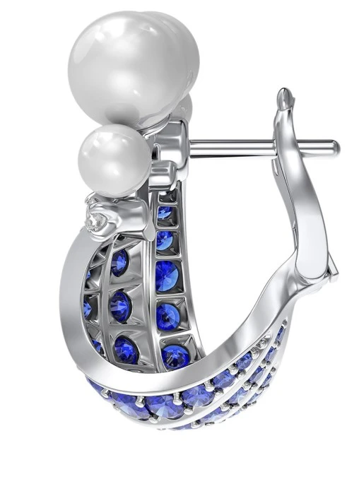 Серьги Волны с жемчугом, бриллиантами и сапфирами из белого золота 750 пробы МАКСИМ ПОНОМАРЁВ