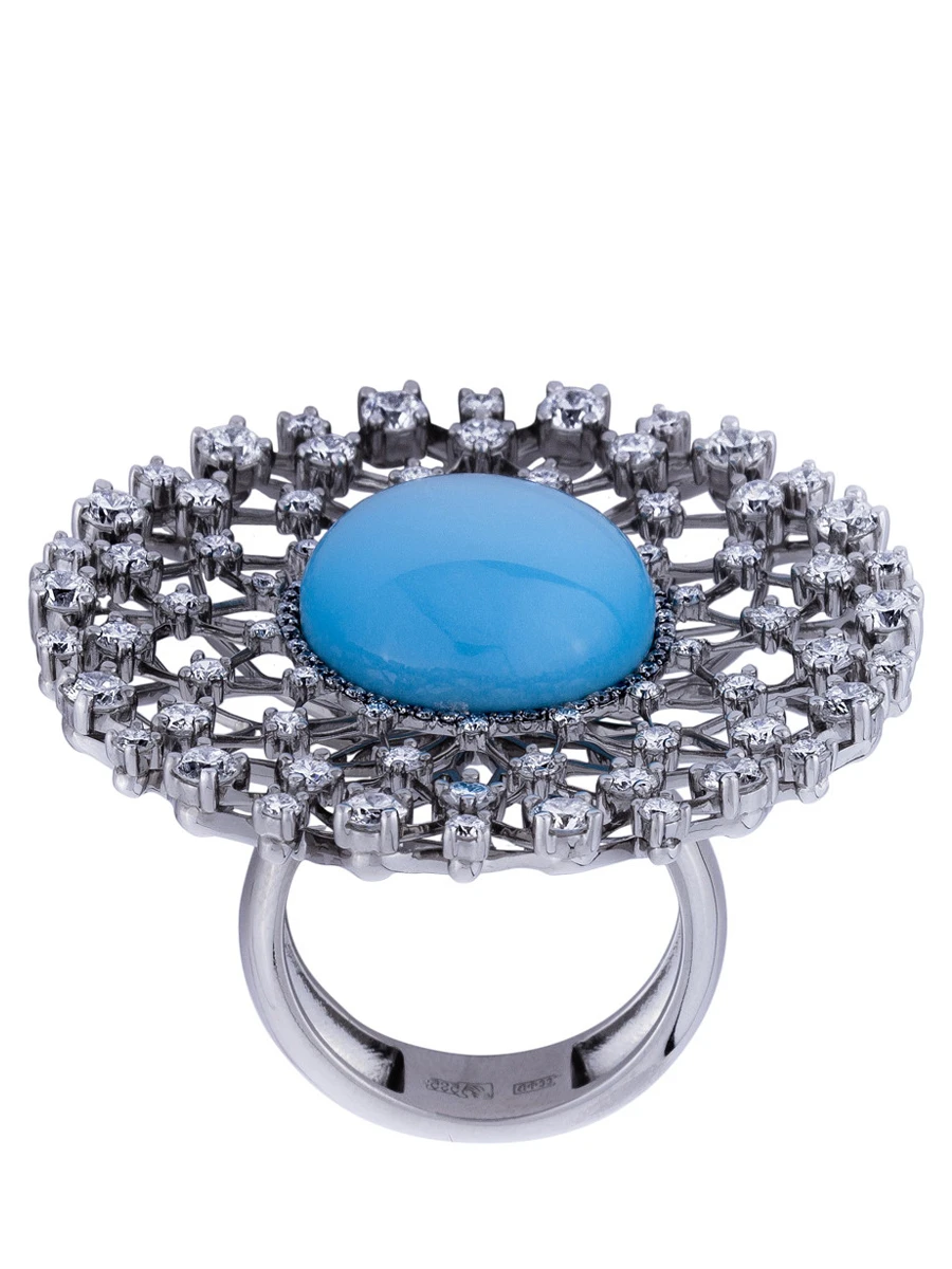 Кольцо Снежинка с бирюзой и бриллиантами из белого золота 585 пробы