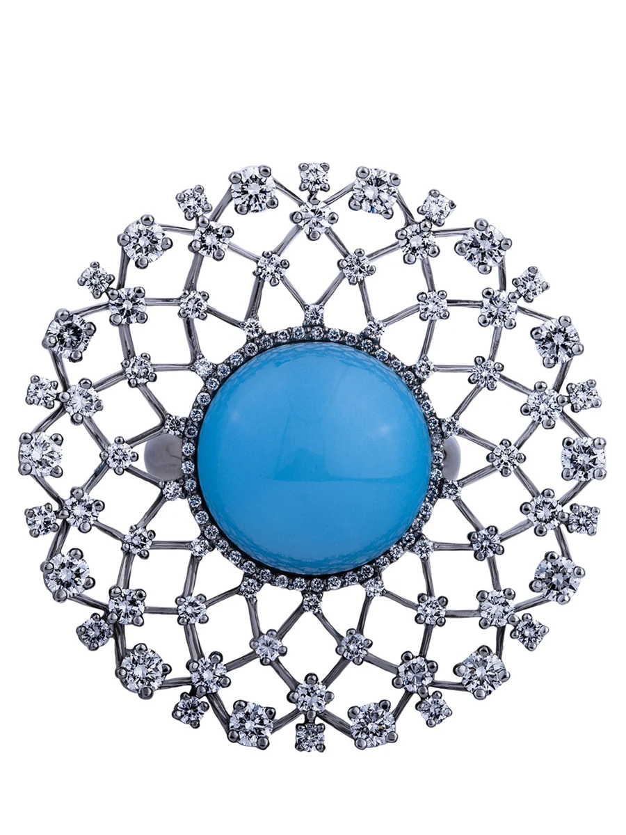 Кольцо Снежинка с бирюзой и бриллиантами из белого золота 585 пробы