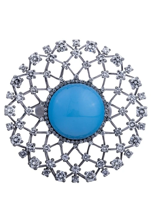 Кольцо Снежинка с бирюзой и бриллиантами из белого золота 585 пробы МАКСИМ ПОНОМАРЁВ