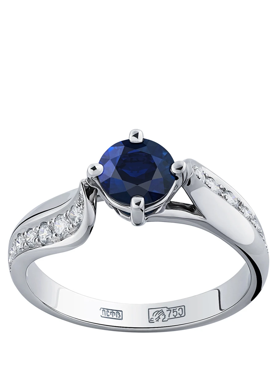 Кольцо с сапфиром и бриллиантами из белого золота 585 пробы