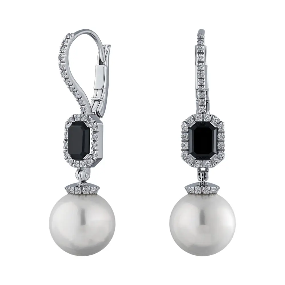 Серьги Gatsby с ониксами, жемчугом и бриллиантами из белого золота 585 пробы