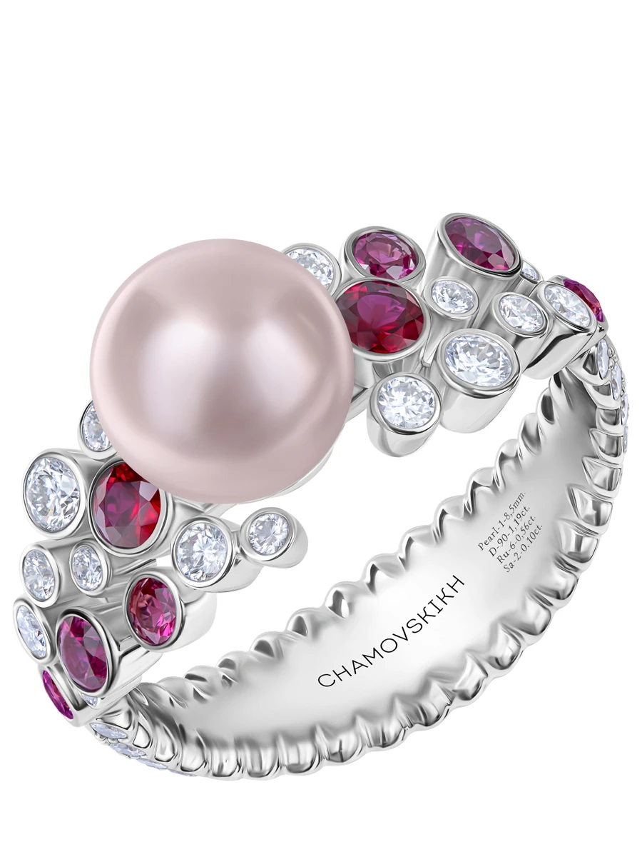 Кольцо с жемчугом, рубинами, розовыми сапфирами и бриллиантами