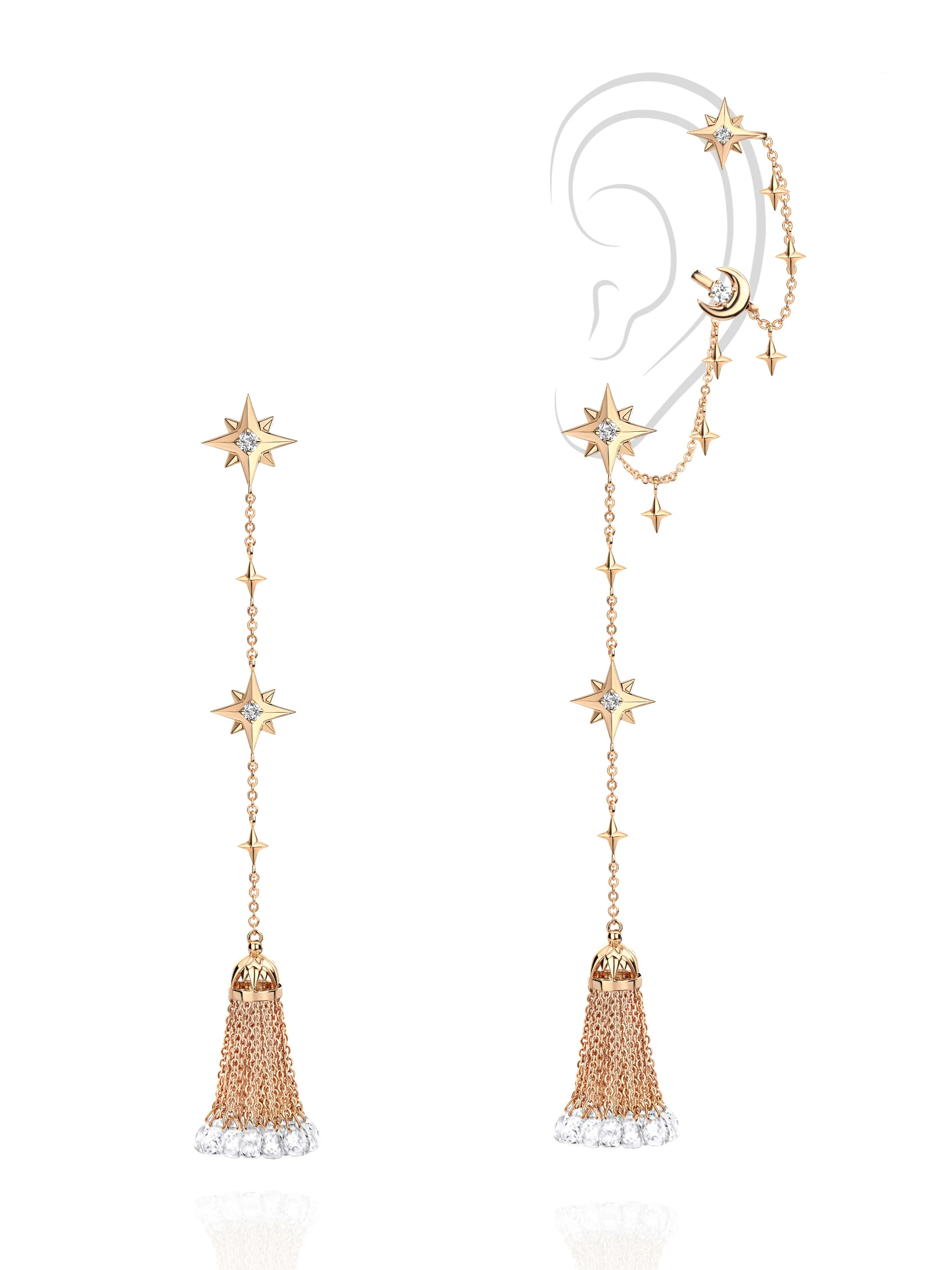 Серьги-кисти с каффом из розового золота, горного хрусталя и бесцветных топазов