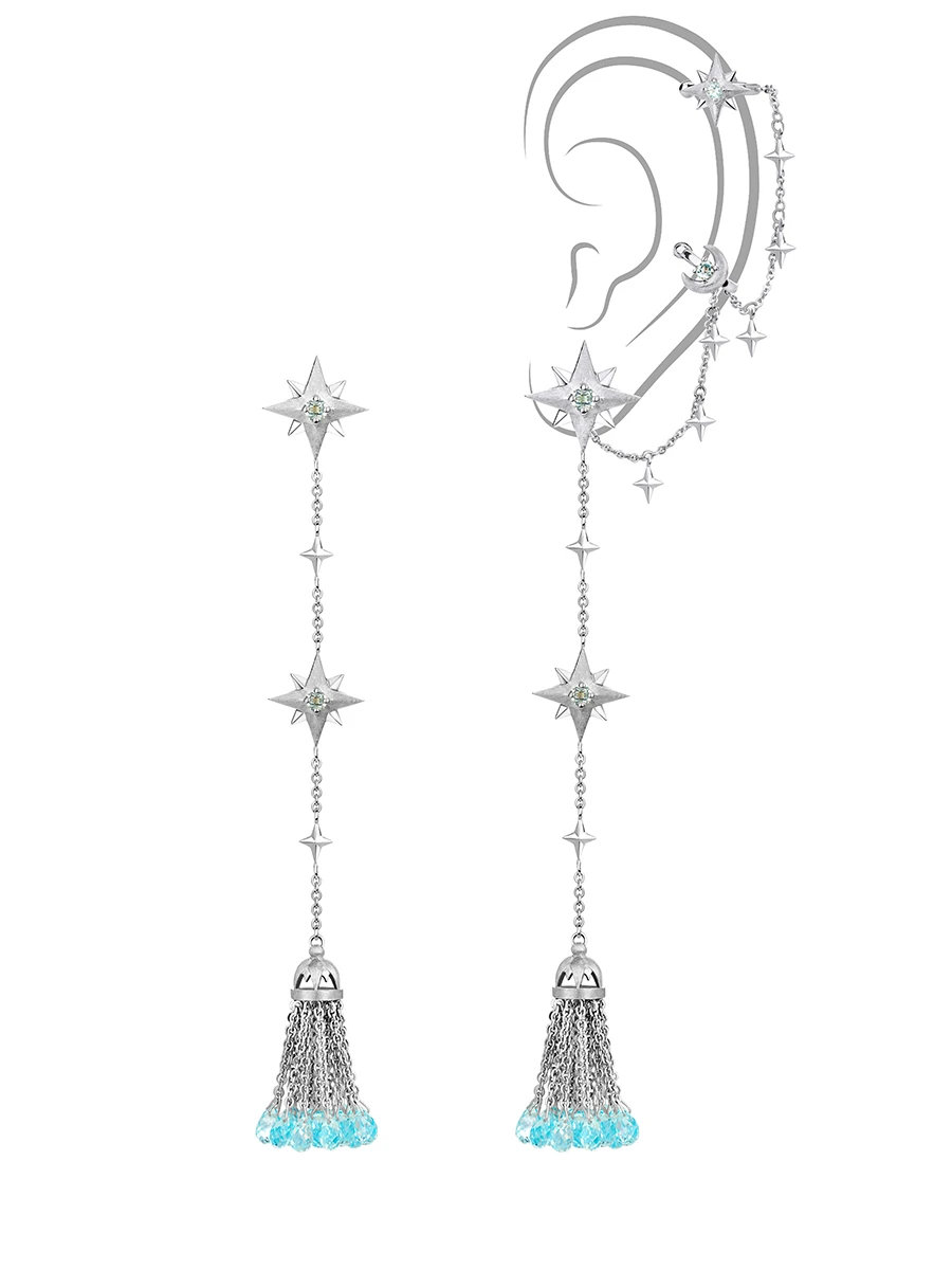 Серьги-кисти из белого золота с каффом, топазами Sky Blue