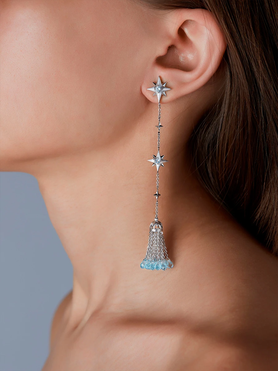 Серьги-кисти из белого золота с каффом, топазами Sky Blue