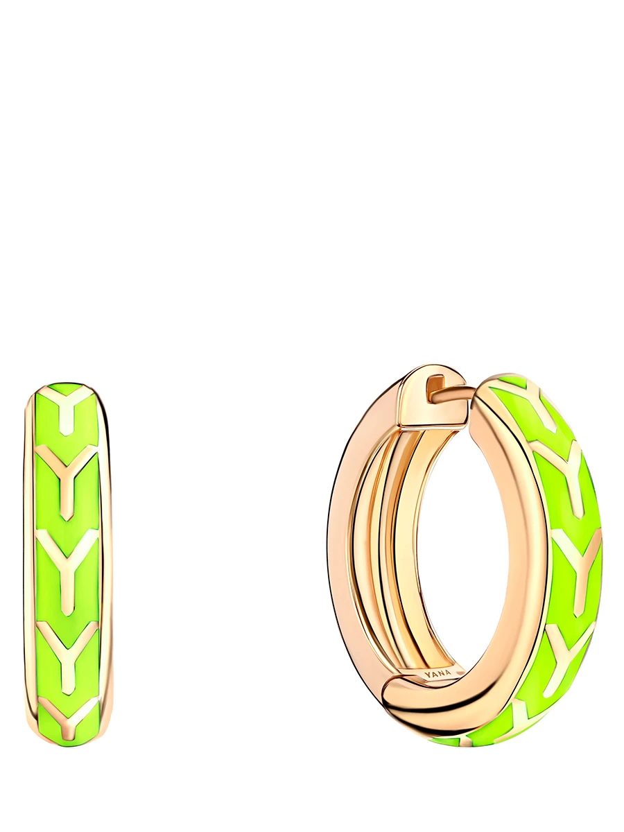 Хупсы из желтого золота с салатовой эмалью