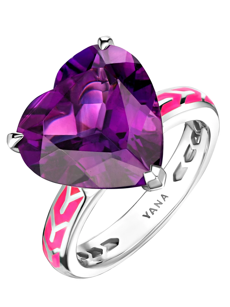 Кольцо из белого золота с аметистом и розовой эмалью