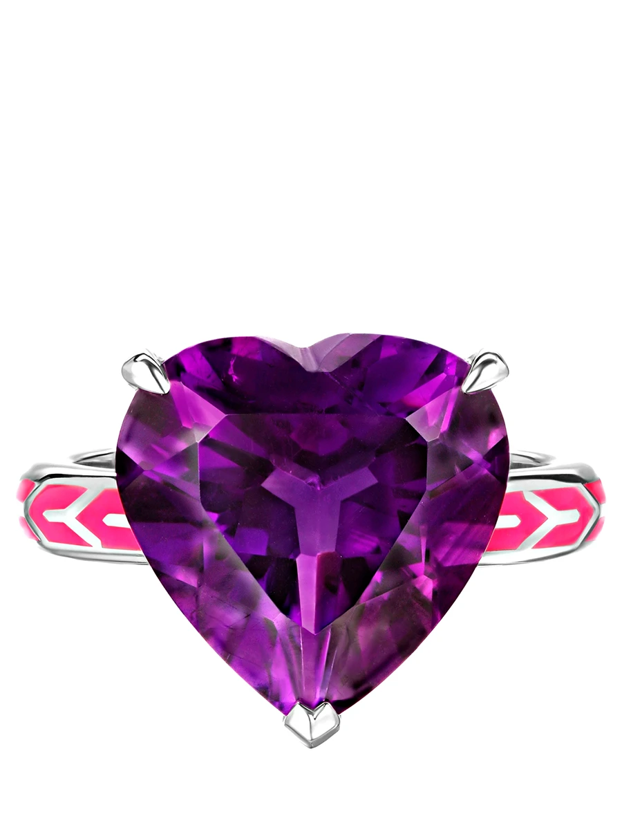 Кольцо из белого золота с аметистом и розовой эмалью