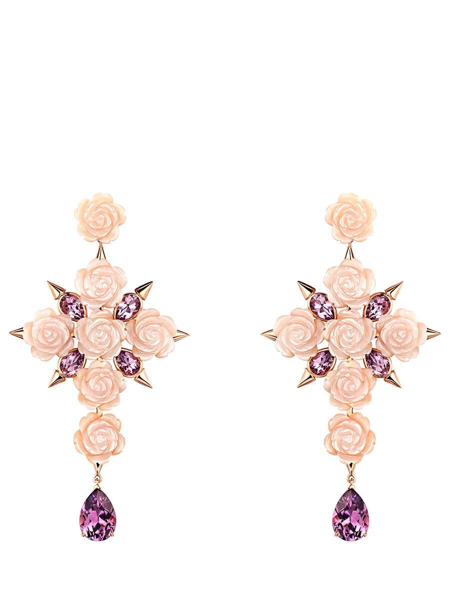 Серьги из розового золота с резным перламутром и аметистами