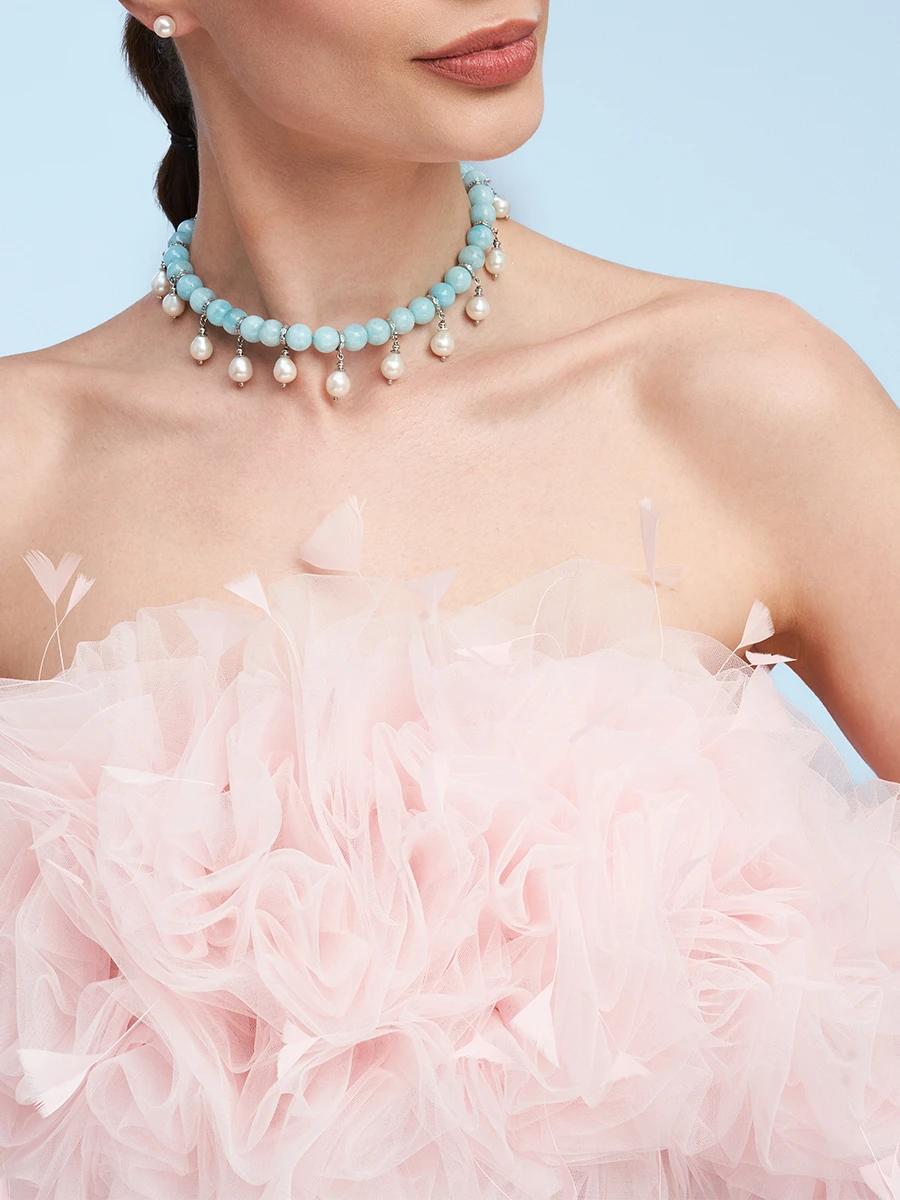 Чокер с жемчужными каплями из аквамарина