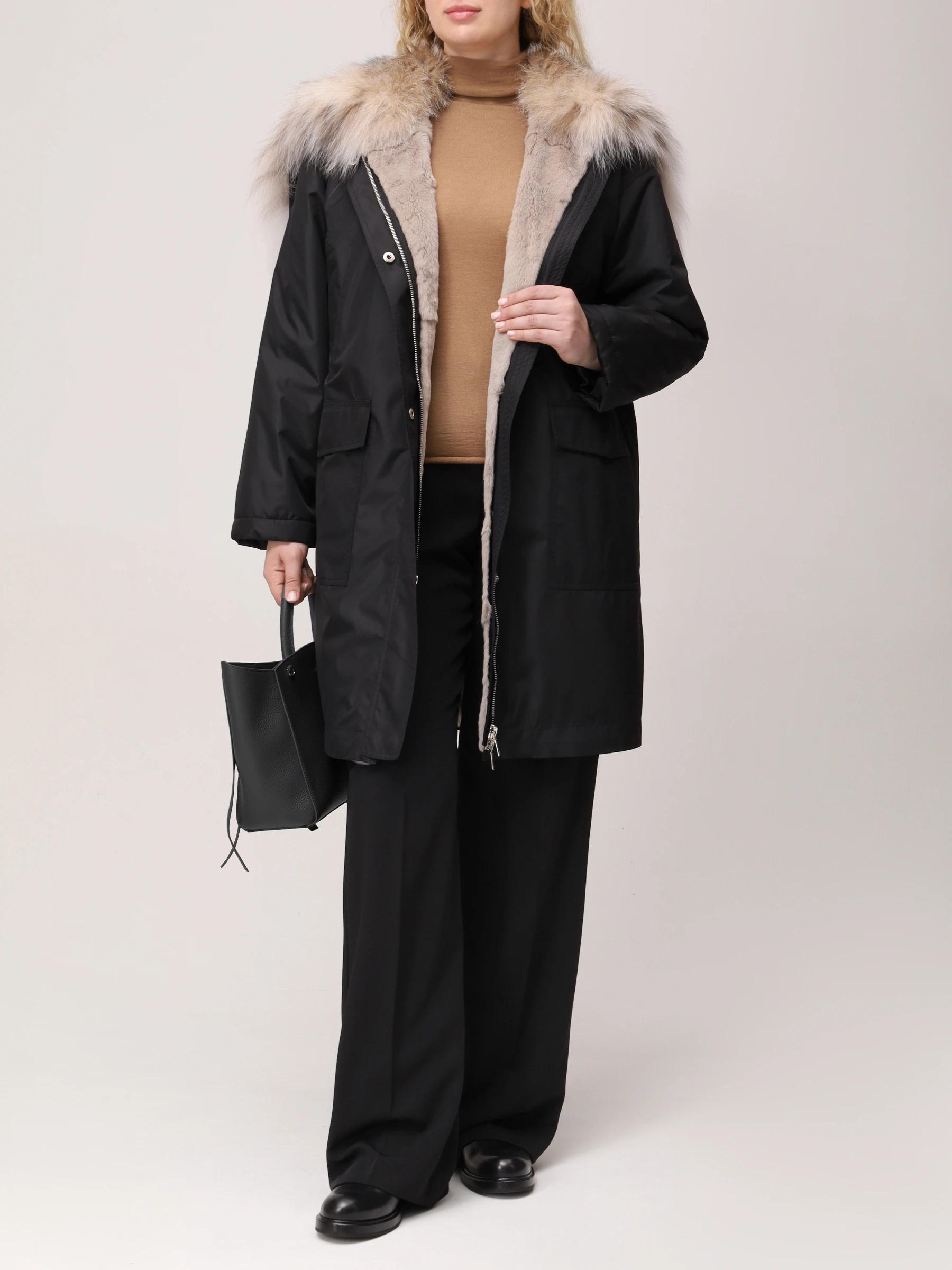 Парка шелковая с мехом ласки и рыси