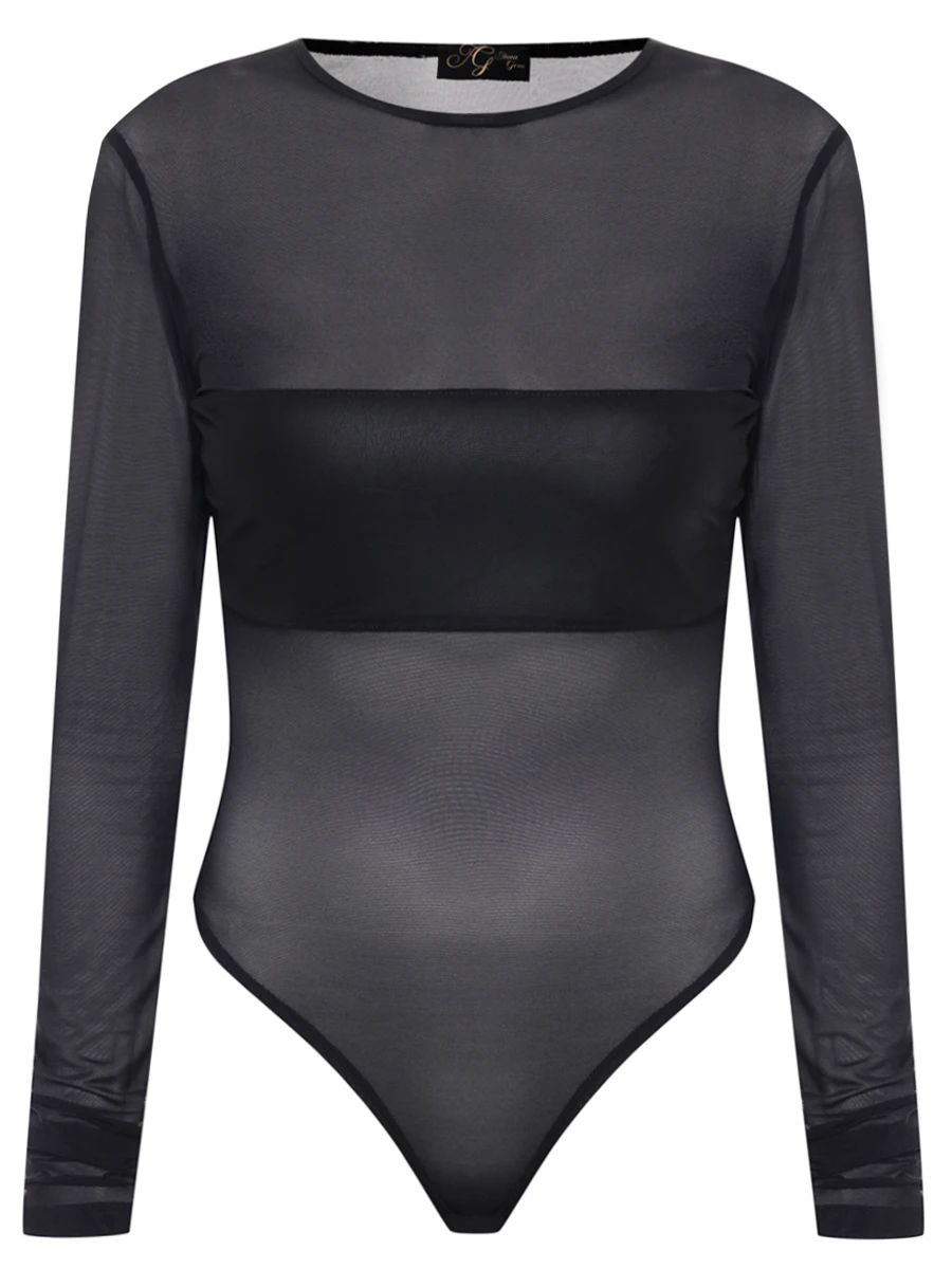 Боди в сетку со вставкой из кожи