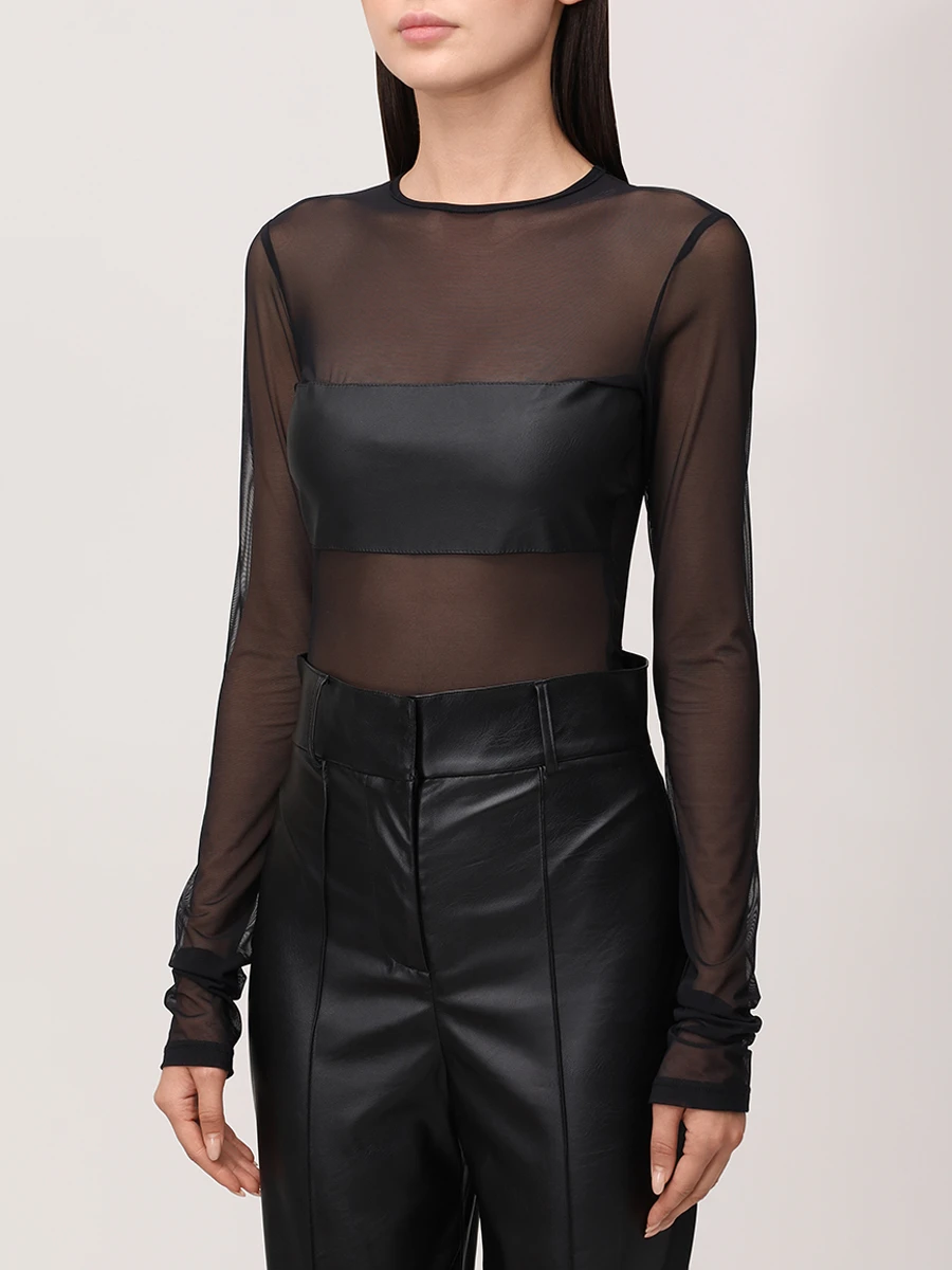 Боди в сетку со вставкой из кожи