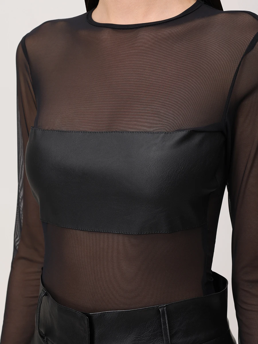 Боди в сетку со вставкой из кожи
