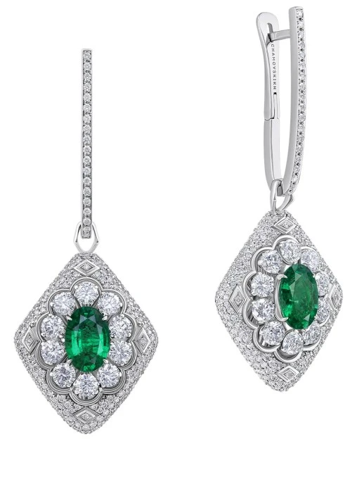 Серьги из белого золота с изумрудами и бриллиантами CHAMOVSKIKH JEWELLERY HOUSE