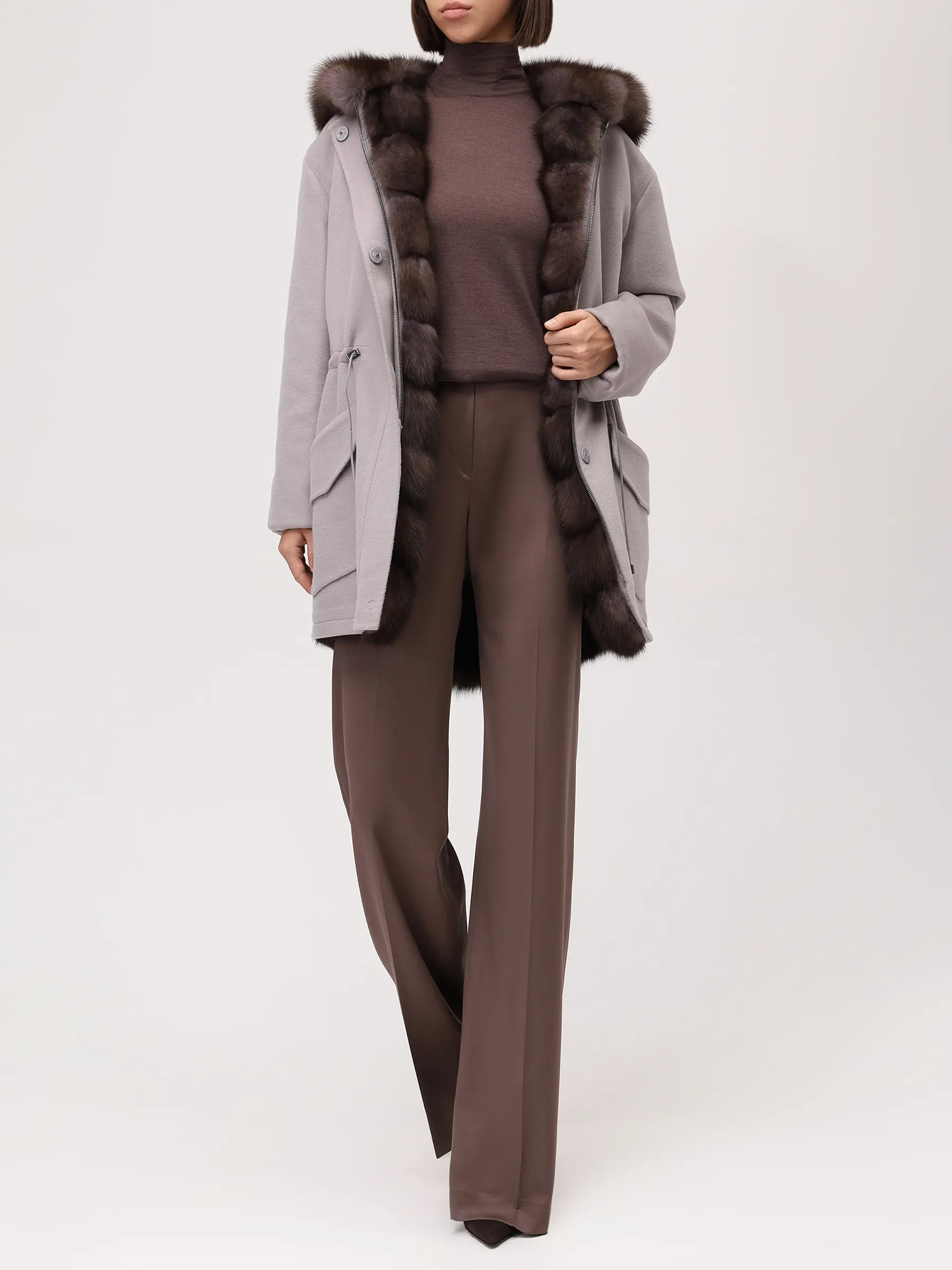 Парка из шерсти и кашемира на соболином меху