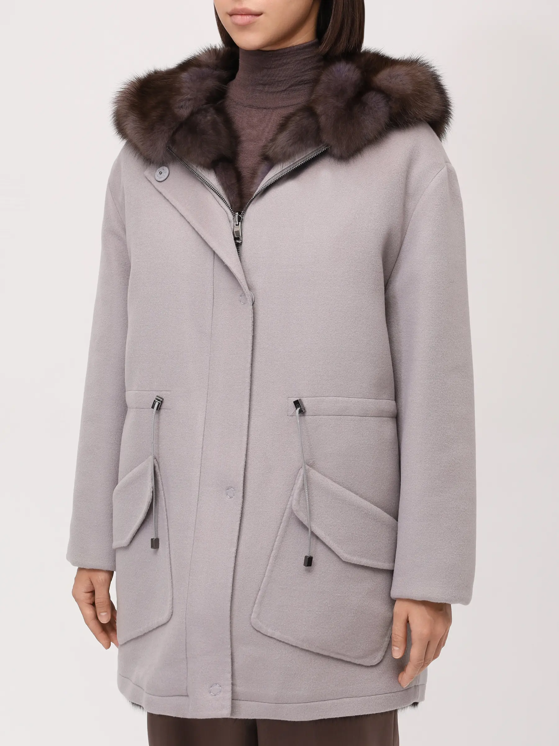 Парка из шерсти и кашемира на соболином меху