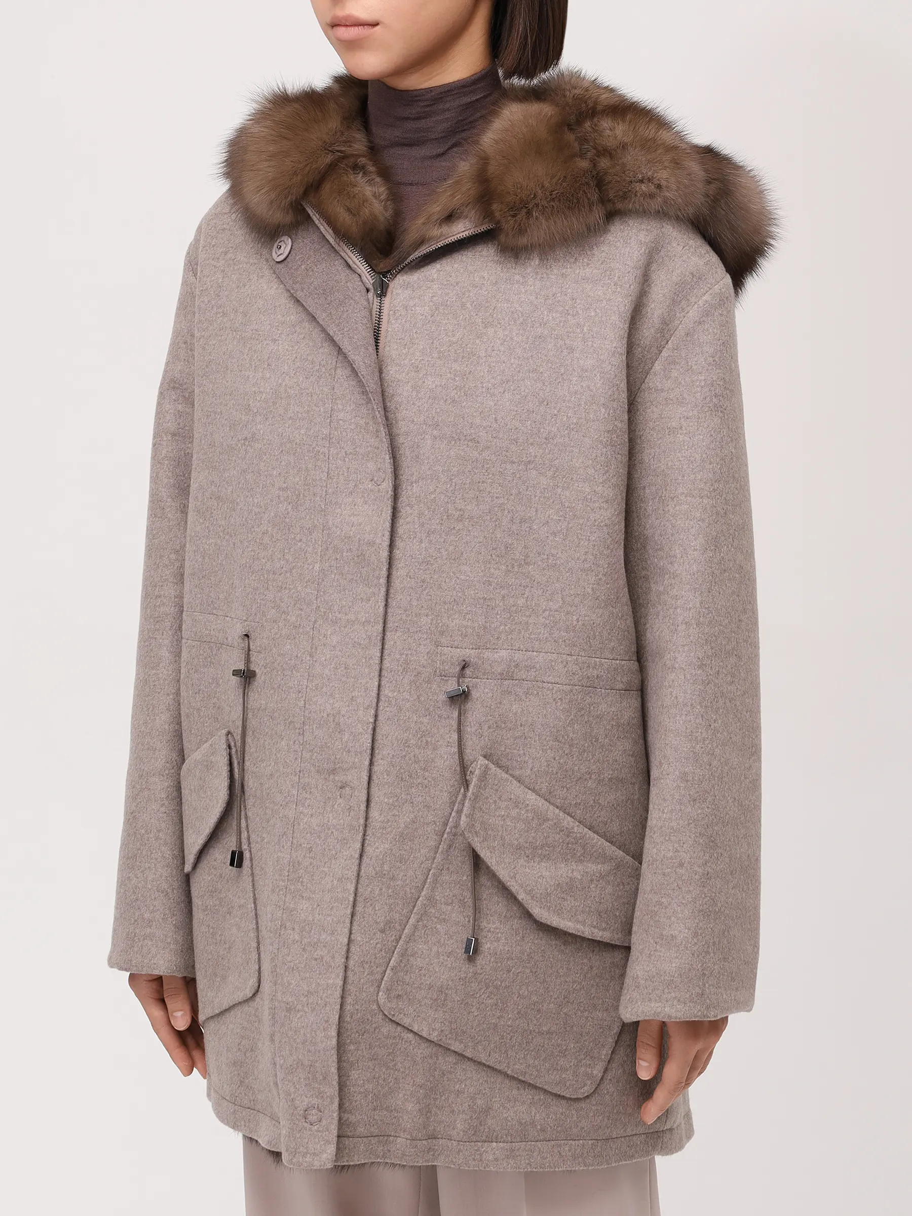 Парка из шерсти и кашемира на соболином меху