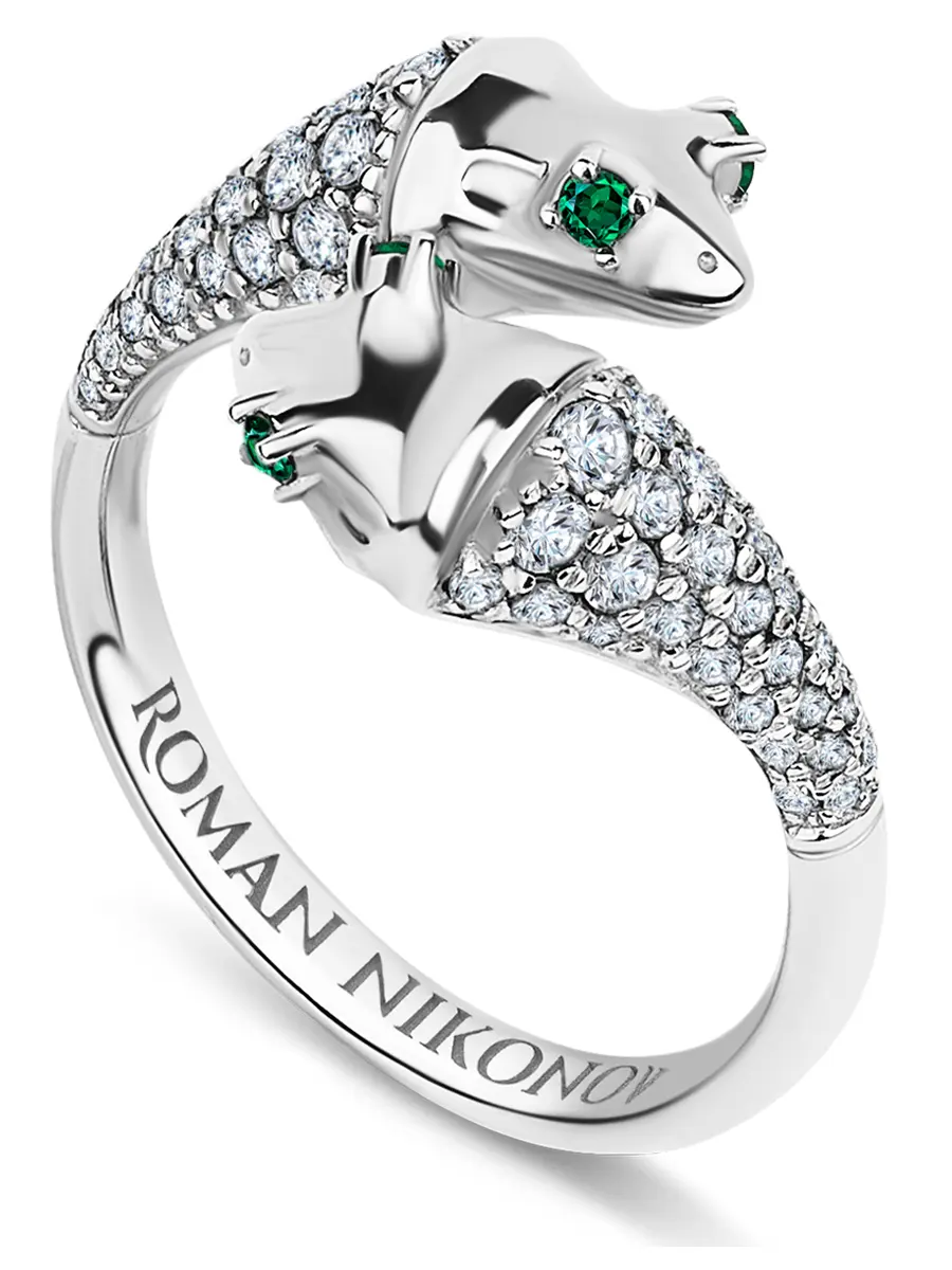 Кольцо «Лягушки-подружки» с бриллиантами и изумрудами