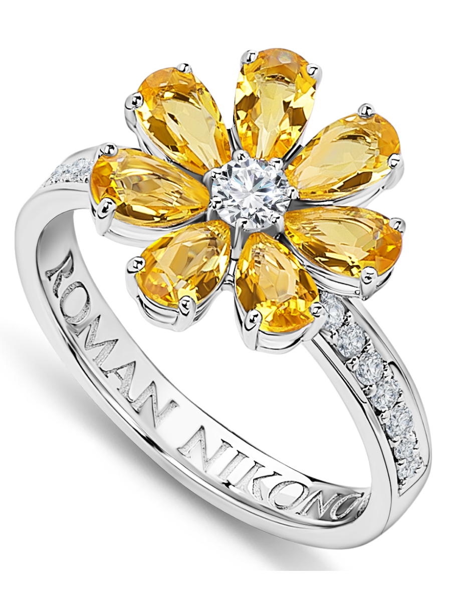 Кольцо «Цветик» с бриллиантами и цитринами