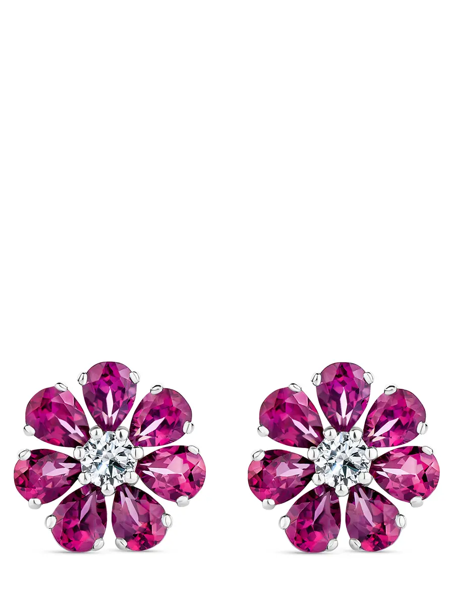 Пусеты «Цветик» с бриллиантами и родолитами