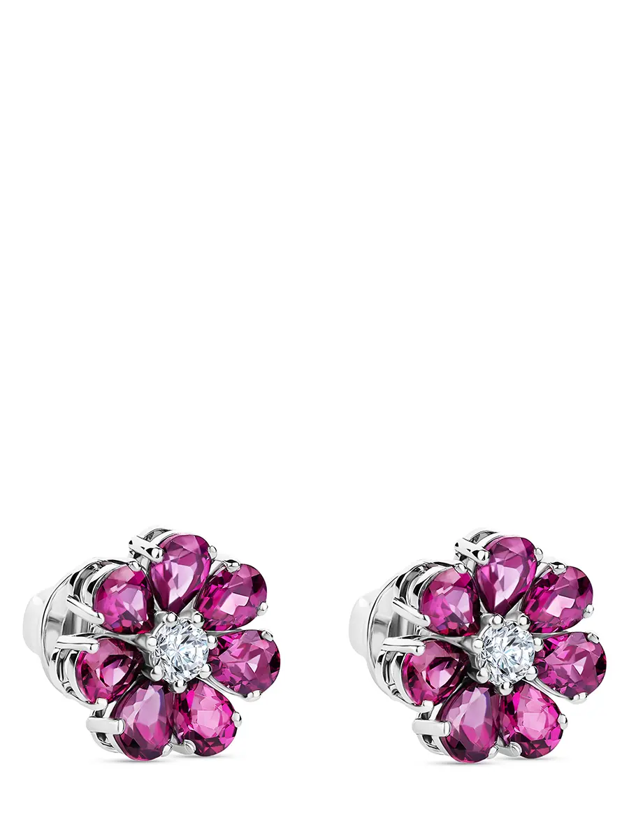 Пусеты «Цветик» с бриллиантами и родолитами