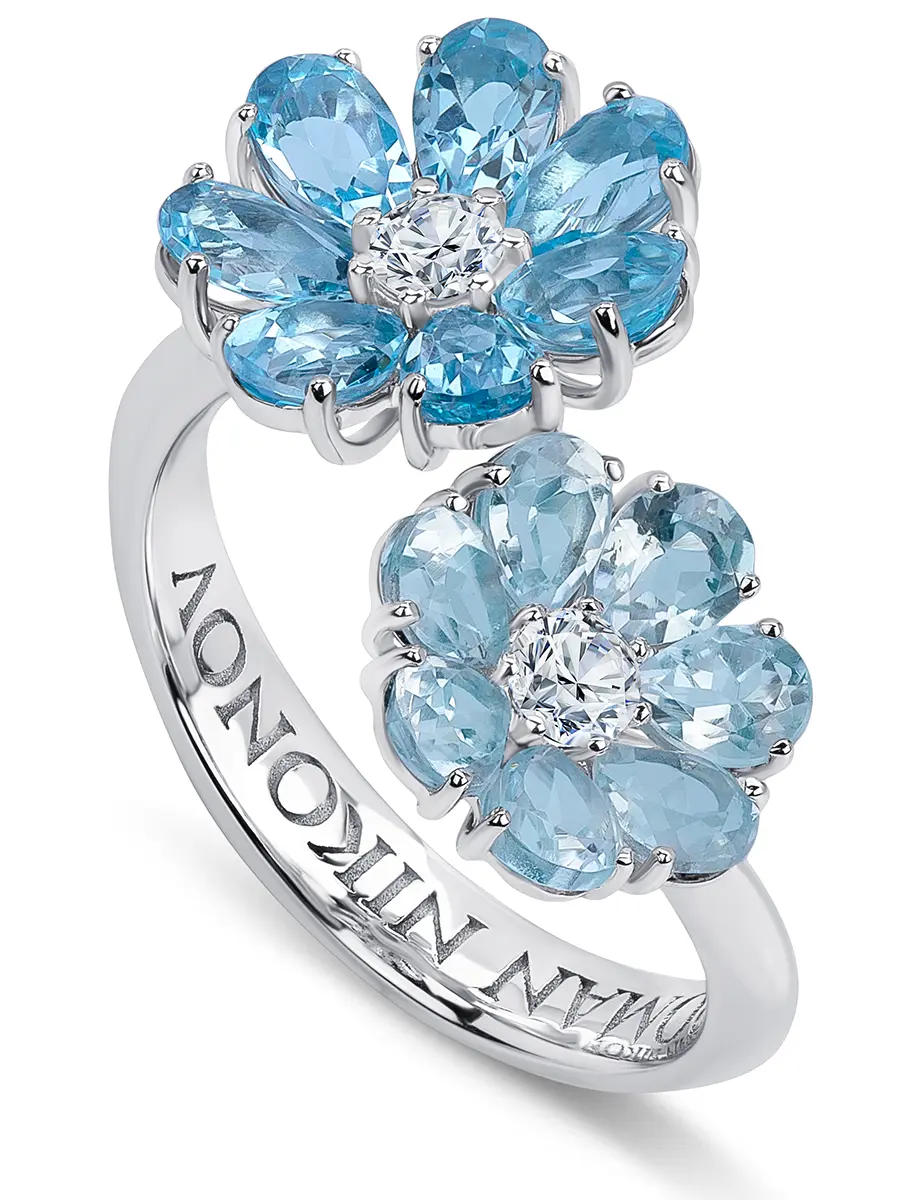 Кольцо «Ледяной цветок» бриллиантами и топазами