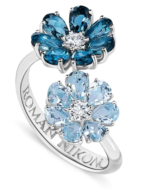 Кольцо «Ледяной цветок» с бриллиантами и топазами ROMAN NIKONOV