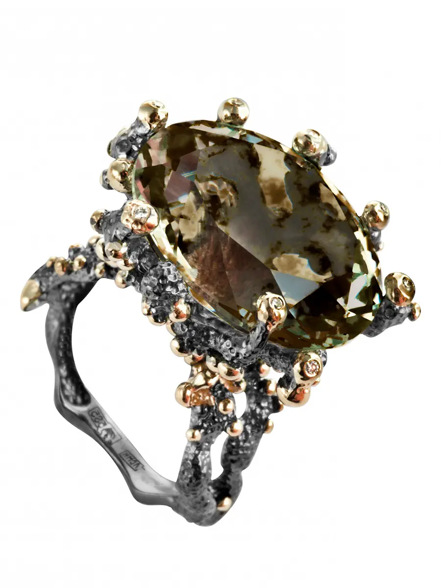 Кольцо кораллы с дымчатым кварцем