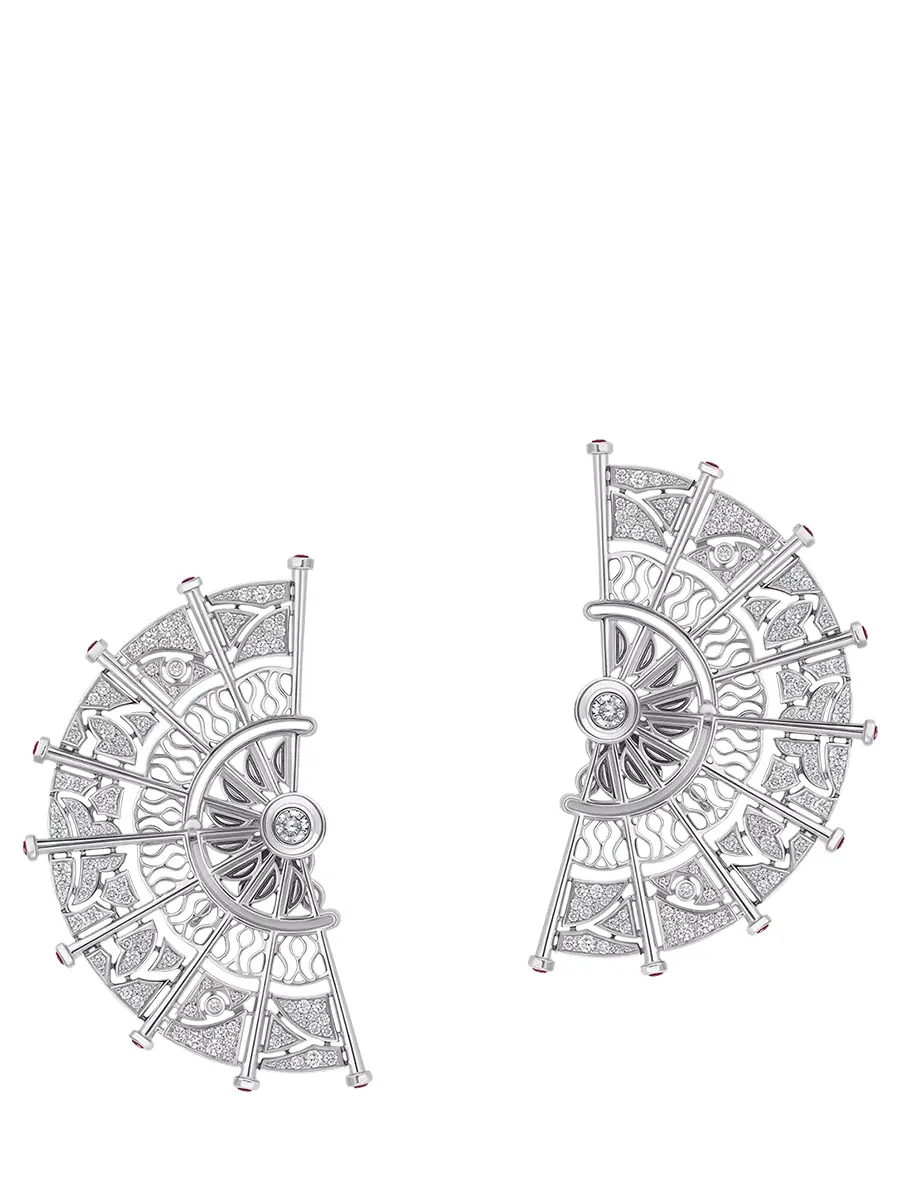 Серьги из белого золота с бриллиантами и рубинами