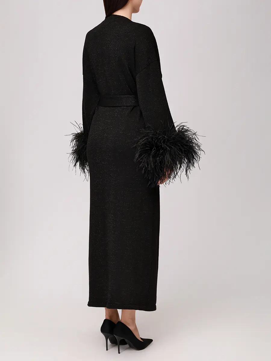 Кардиган-кимоно с перьями на рукавах