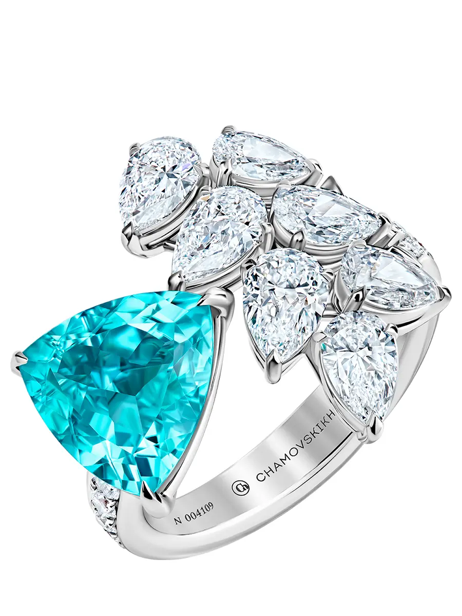 Кольцо из белого золота с турмалином параиба и бриллиантами