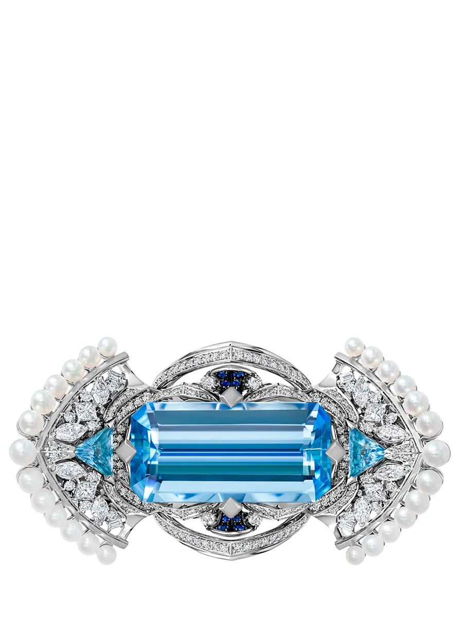 Кольцо из белого золота с аквамаринами, бриллиантами, сапфирами и жемчугом