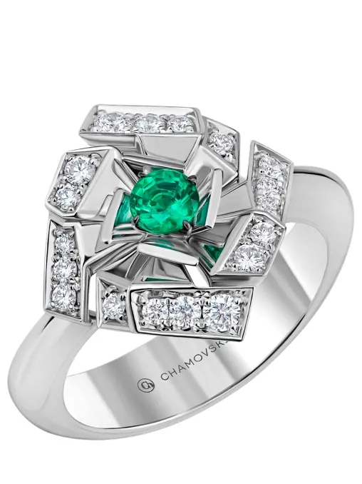 Кольцо из белого золота с изумрудом и бриллиантами CHAMOVSKIKH JEWELLERY HOUSE