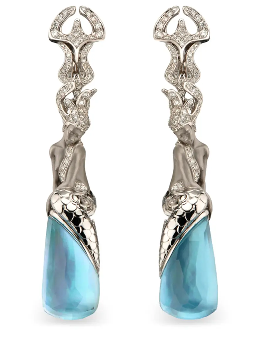 Серьги из белого золота с бриллиантами и топазом