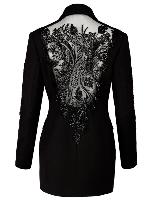 Платье-пиджак из шерсти и шелка с расшитым кружевом SPERANZA COUTURE