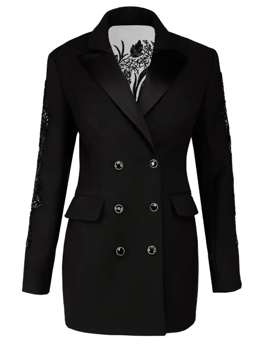 Платье-пиджак из шерсти и шелка с расшитым кружевом SPERANZA COUTURE