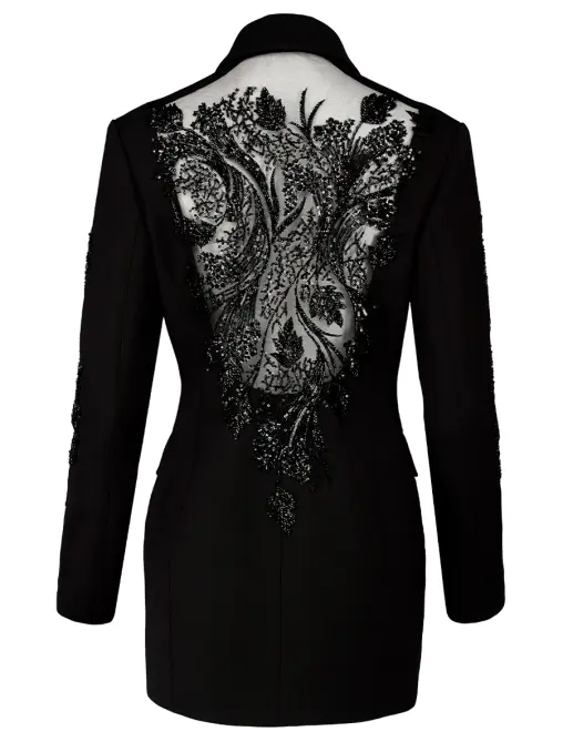 Платье-пиджак из шерсти и шелка с расшитым кружевом SPERANZA COUTURE