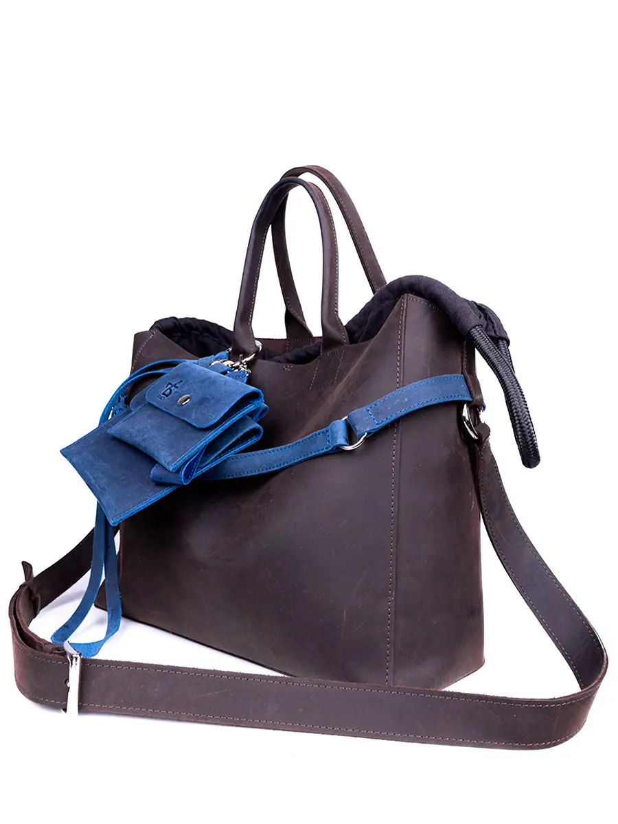 Сумка-тоут L брауни-сапфир кожаная