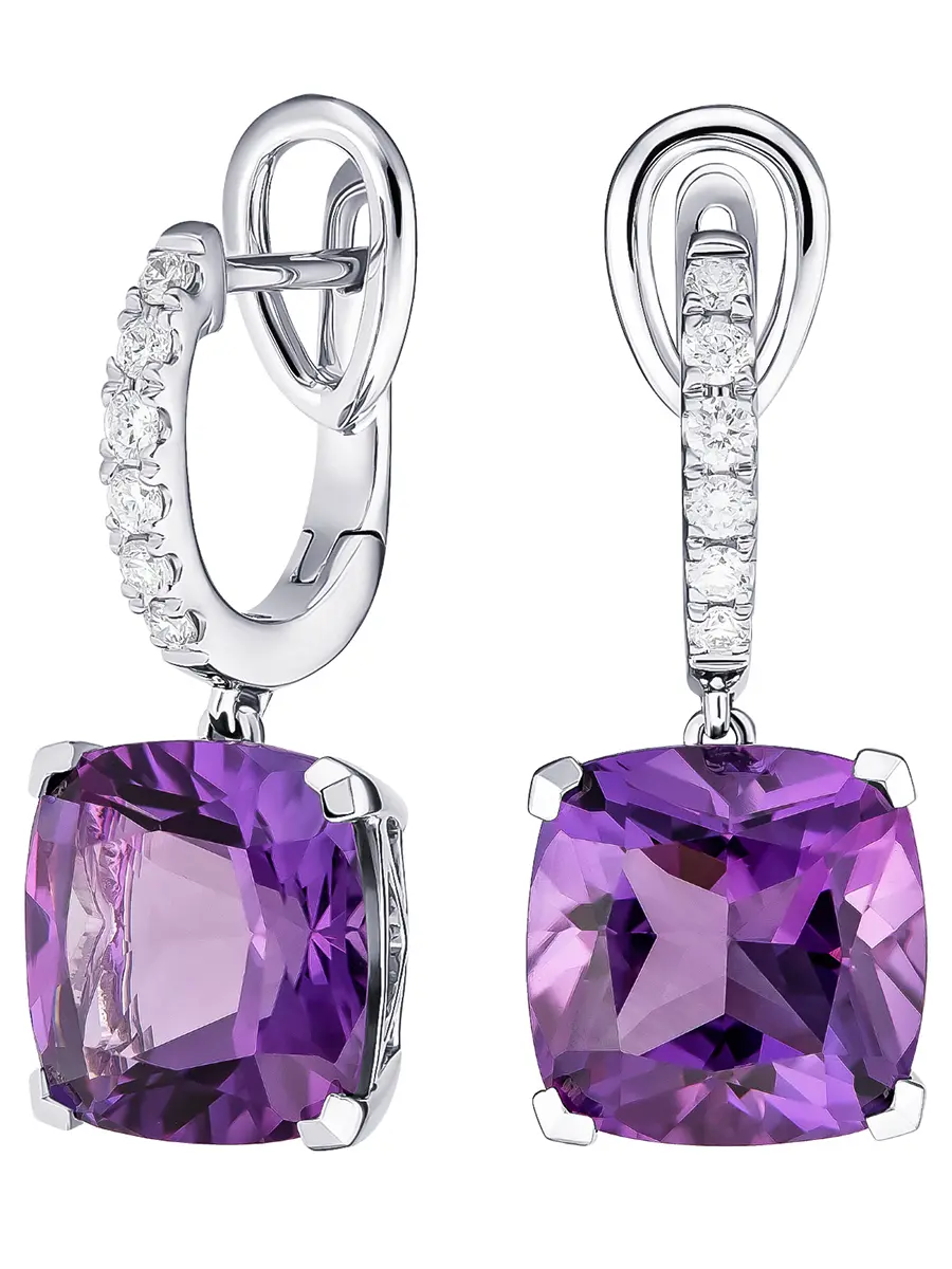 Серьги из белого золота с аметистом и бриллиантами